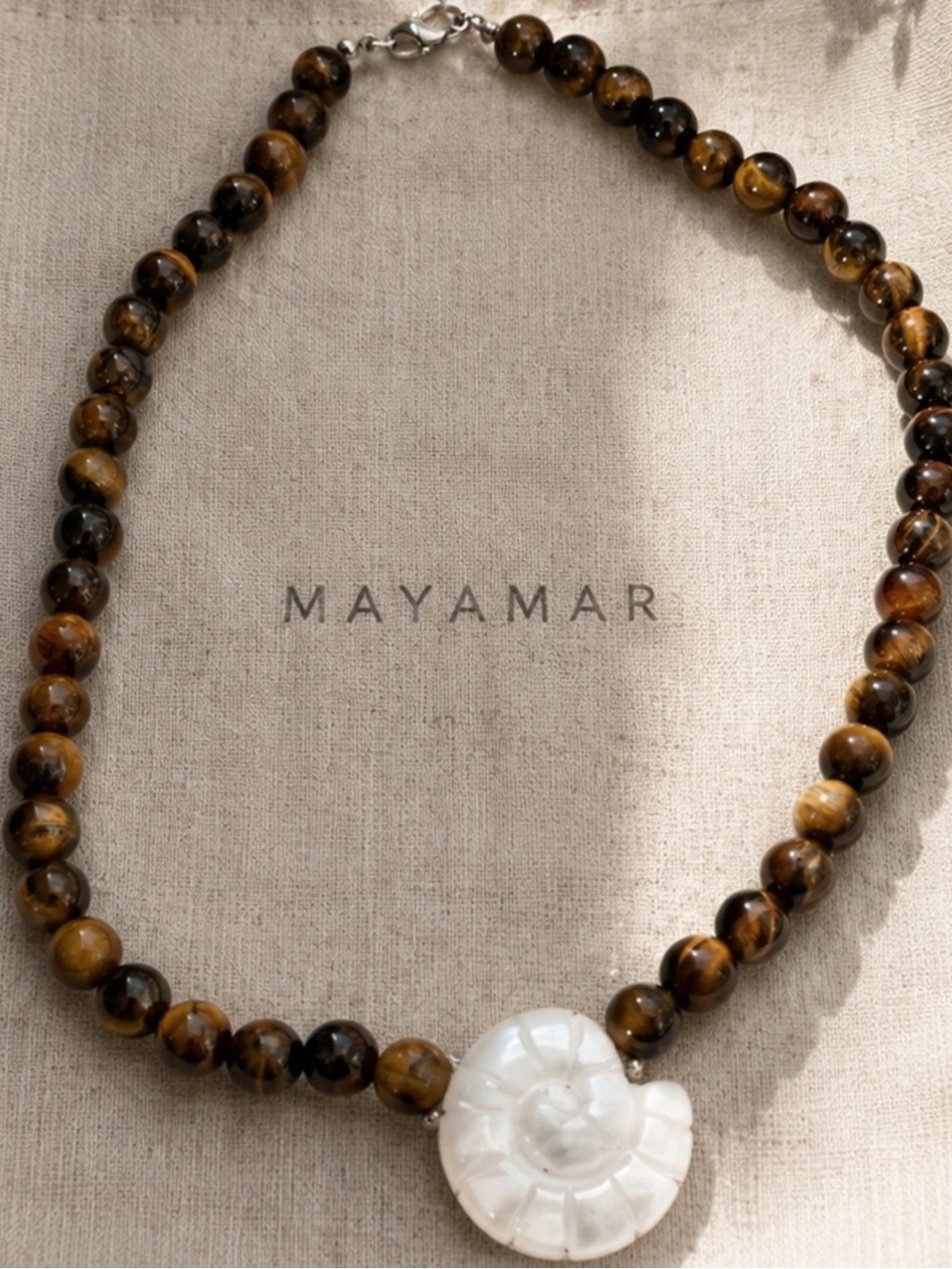 New mayamar genuine tiger eye and mother of pearl carved shell pendant
